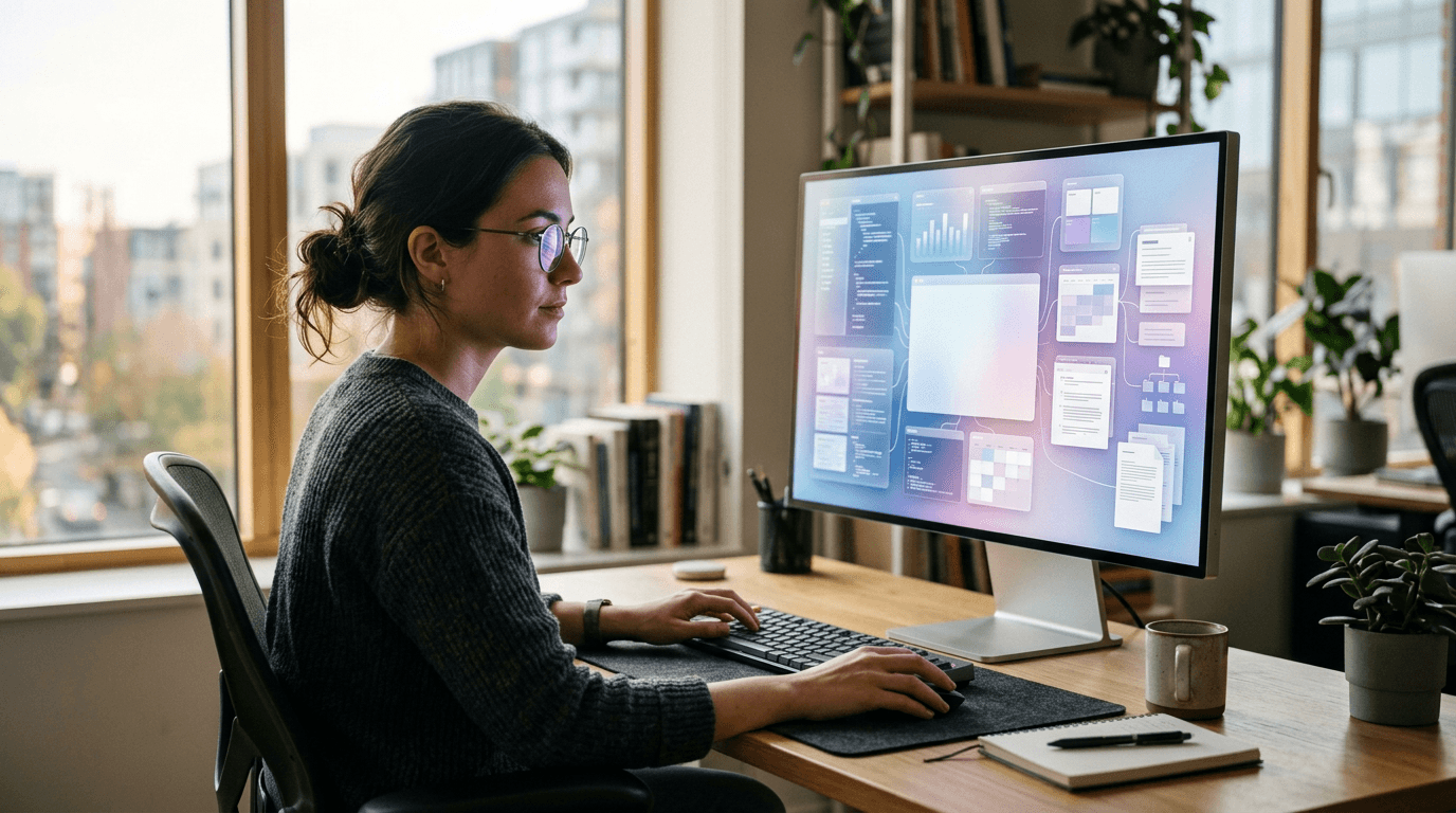 A knowledge worker reviewing layered information architecture on a screen — documents, dashboards and AI conversation — illustrating context engineering at work
