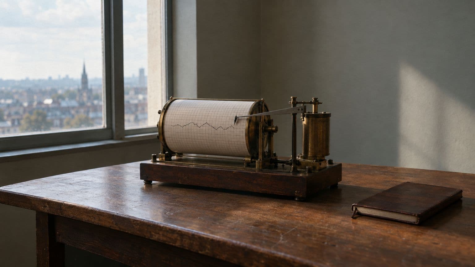 A brass recording barograph traces a wavering ink line on a drum of graph paper beside an office window, a nod to analysts who read signals in data