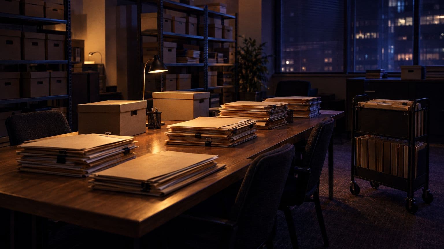 A law firm document review room after hours, with stacks of case folders and archive boxes on a long table, the paper-heavy work AI is changing fastest for paralegals
